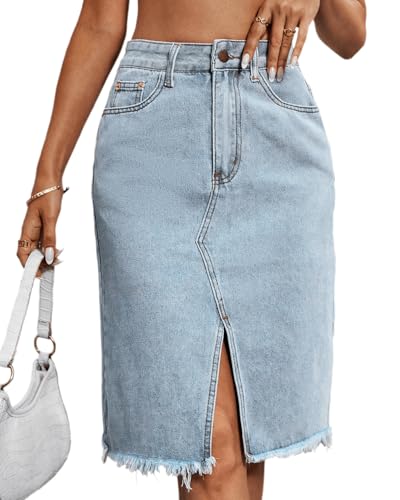 Women High Waist Front Thigh Split Washed Raw Hem Tassel Midi Slit